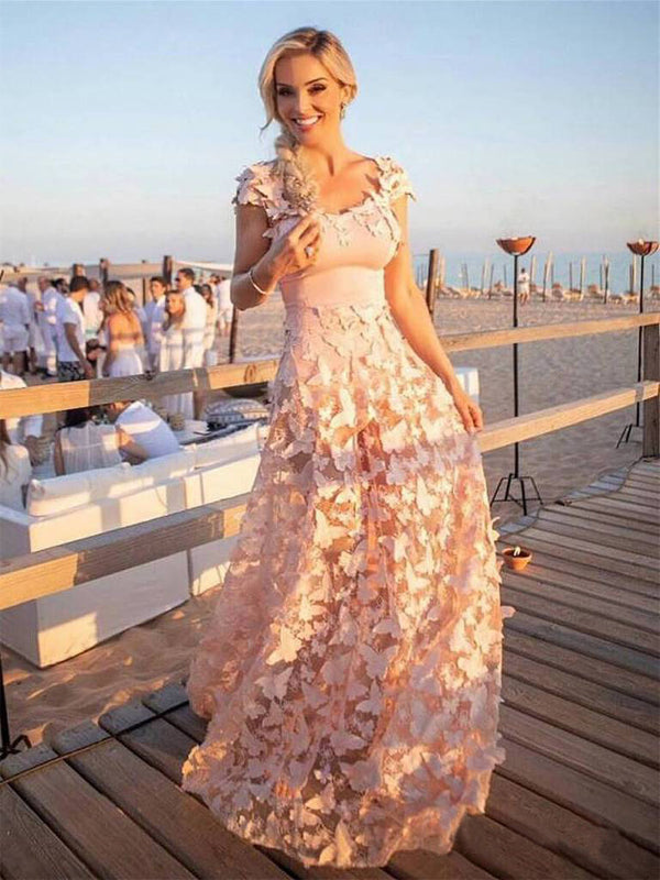 Blush Pink Butterfly Applique Cap Sleeve Prom Dresses.PD00235 AlineBridal Blush Pink Butterfly Applique Cap Sleeve Prom Dresses.PD00235 AlineBridal