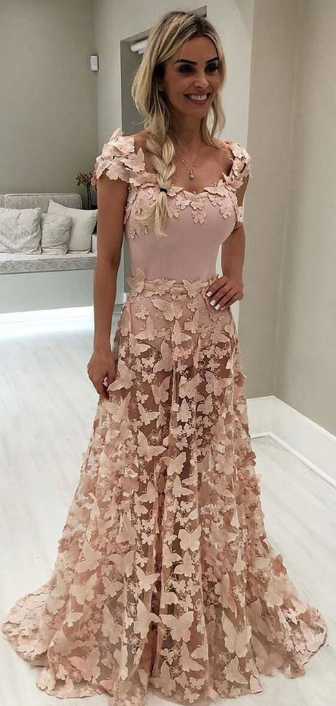 Blush Pink Butterfly Applique Cap Sleeve Prom Dresses.PD00235
