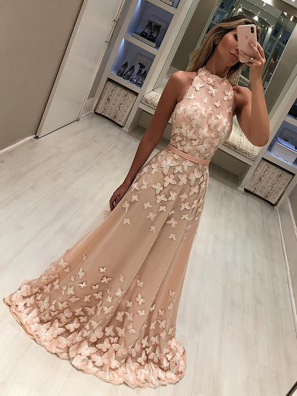 Blush Pink Butterfly Applique High Neck A-line Long Prom Dresses.PD002 AlineBridal Blush Pink Butterfly Applique High Neck A-line Long Prom Dresses.PD002 AlineBridal