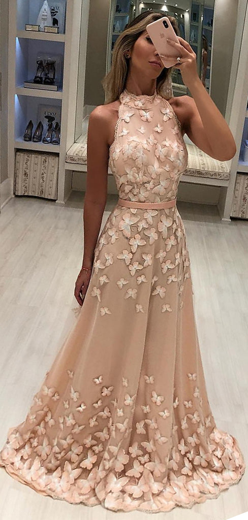 Blush Pink Butterfly Applique High Neck A-line Long Prom Dresses.PD00248