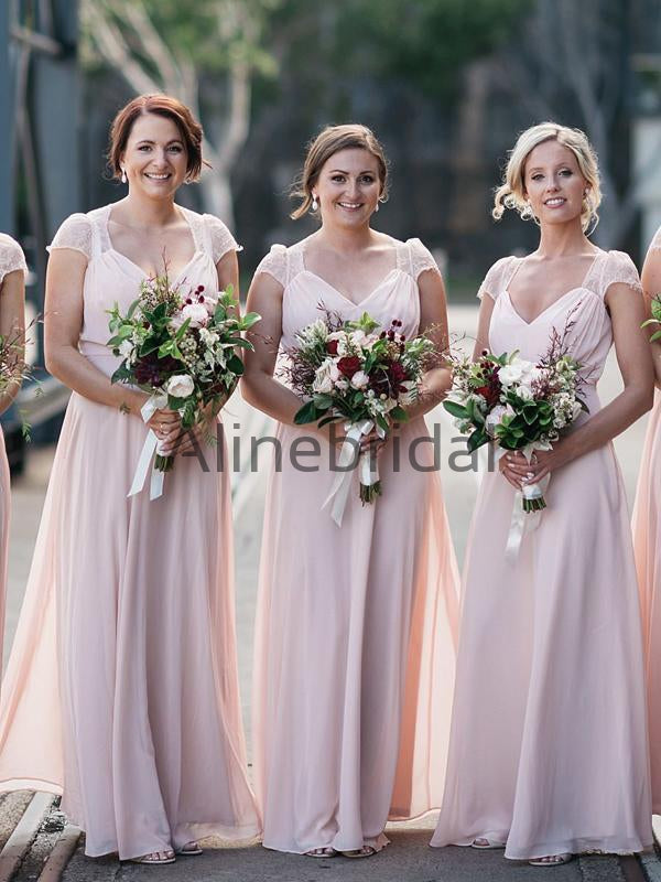 Elegant Chiffon Cap Sleeves Blush A-line Long Bridesmaid Dresses, AB41 AlineBridal Elegant Chiffon Cap Sleeves Blush A-line Long Bridesmaid Dresses, AB41 AlineBridal