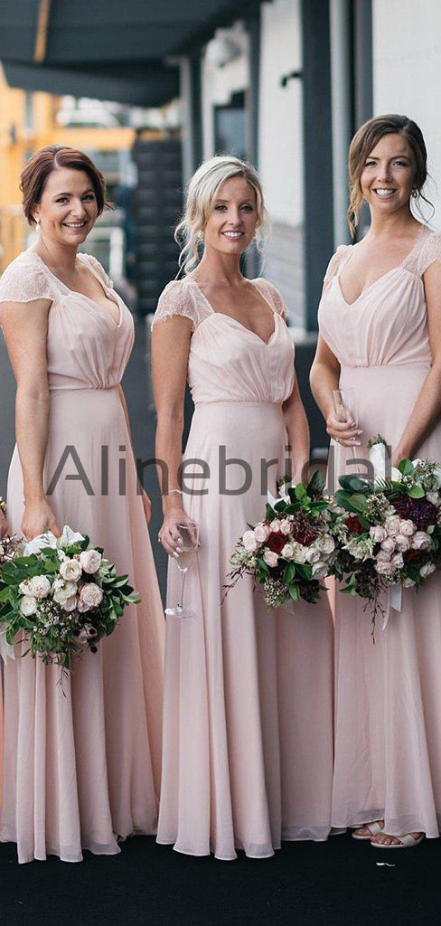 Blush Pink Chiffon Lace Cap Sleeve A-line Long Bridesmaid Dresses, AB4107