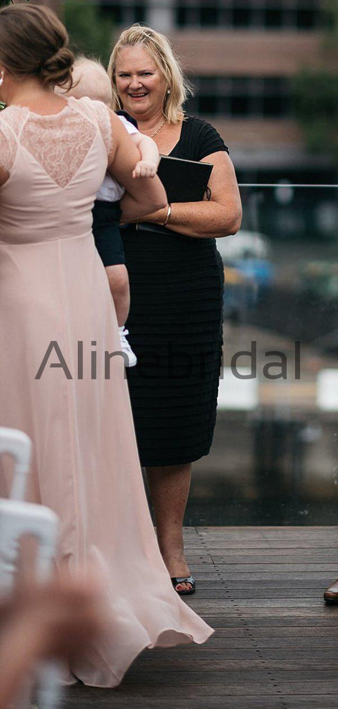 Blush Pink Chiffon Lace Cap Sleeve A-line Long Bridesmaid Dresses, AB4107