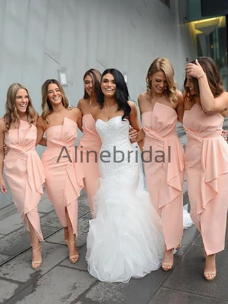 Women Modest Flesh Pink Small Round Neck Lace Mermaid Sexy Long Bridesmaid Dresses, WG112