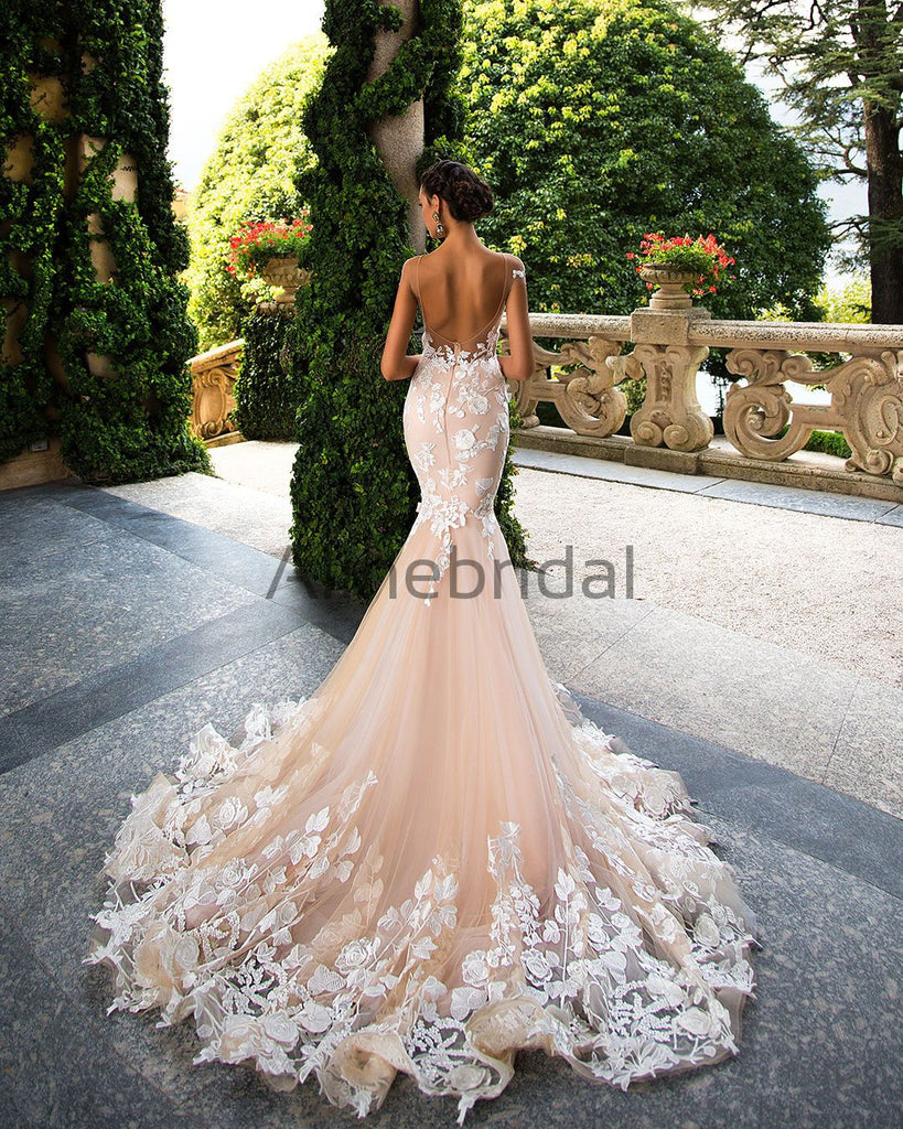 Blush Pink Lace Applique Backless Mermaid Wedding Dresses, AB1501 –  AlineBridal