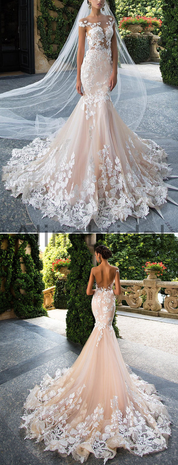 Blush Pink Wedding Dresses Mermaid Strapless Lace Applique Backless Sweep  Train | eBay
