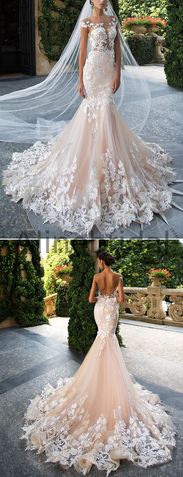 Gorgeous Light Pink Floral Lace Off the Shoulder Mermaid Wedding Dress AlineBridal Gorgeous Light Pink Floral Lace Off the Shoulder Mermaid Wedding Dress AlineBridal