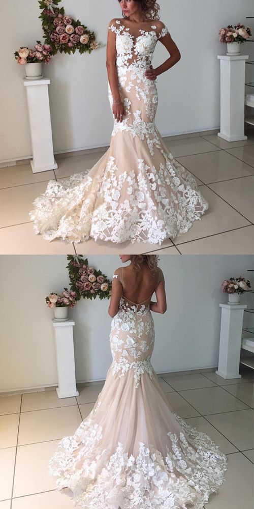Blush Pink Lace Applique Backless Mermaid Wedding Dresses AB1501