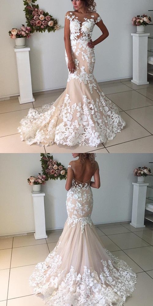 Blush Pink Lace Applique Backless Mermaid Wedding Dresses, AB1501 –  AlineBridal