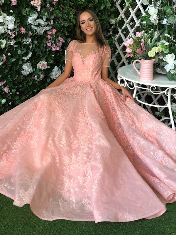 chinese dress ladies Ball Gown Blush Pink Lace Prom Dresses with Long Sleeves ARD2116 main image 1