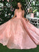 Blush Pink Lace Appliques Short Sleeves Long Prom Dresses,PD00149
