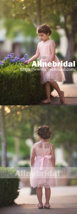 Blush Pink Lace Tulle Flower Girl Dresses With Rhinestone , FGS068