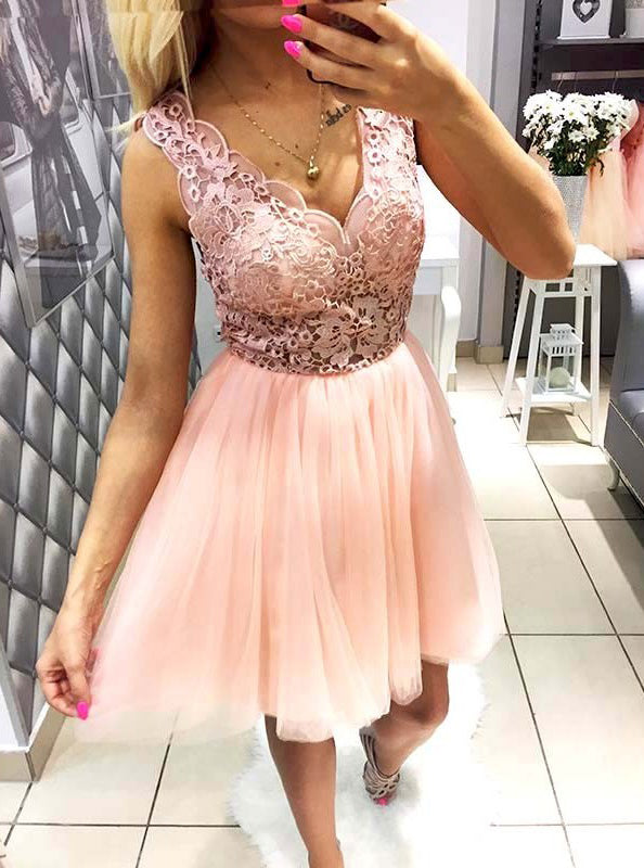 Blush Pink Lace Tulle Sleeveless Simple  homecoming dresses,BD00131