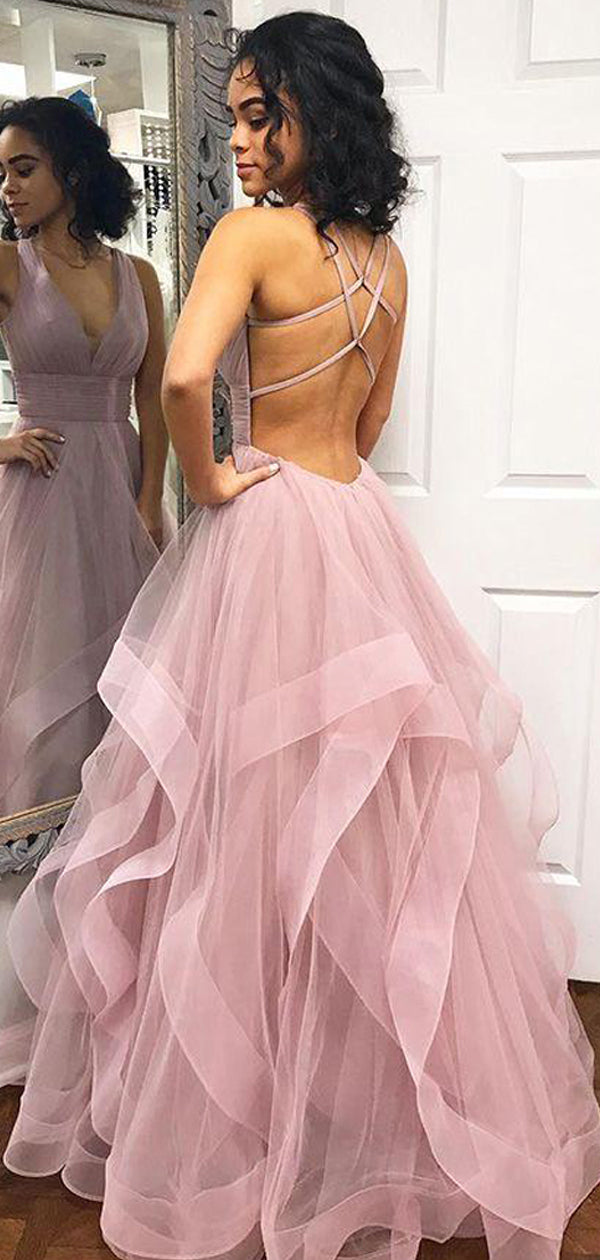 Blush Pink Ruffles Ball Gown Criss-cross Backless Prom Dresses,PD0304 –  AlineBridal