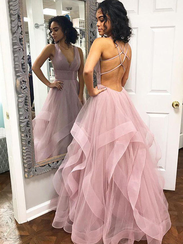 Blush Pink Ruffles Ball Gown Criss-cross Backless Prom Dresses