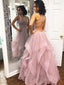 Blush Pink Ruffles Ball Gown Criss-cross Backless Prom Dresses,PD0304