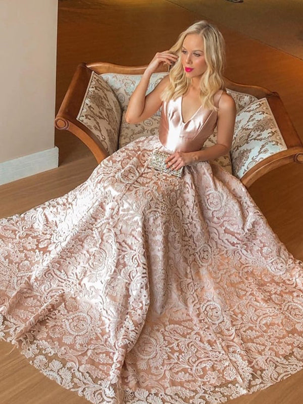 Gorgeous Full Lace V-neck A-line Pink Long Prom Dress, Evening Dress, AlineBridal Gorgeous Full Lace V-neck A-line Pink Long Prom Dress, Evening Dress, AlineBridal