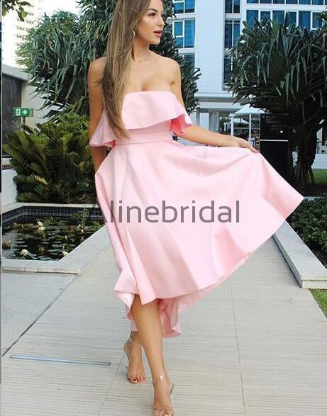 Blush Pink Satin Strapless Bow Knot High Low Bridesmaid Dresses, AB4008