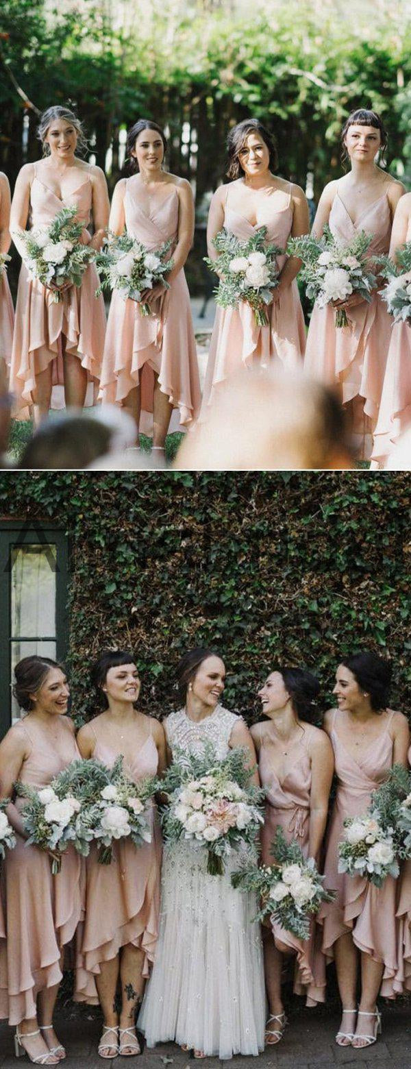 Blush Pink Spaghetti Strap High Low Ruffles A-line Bridesmaid Dresses,   AlineBridal