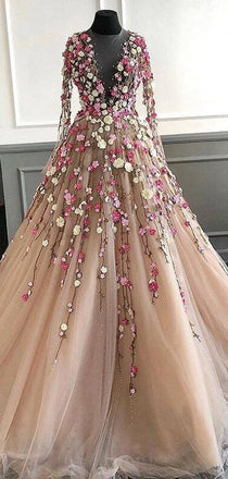 Blush Pink Tulle 3D Appliques Long Sleeve Prom Dresses,PD00337
