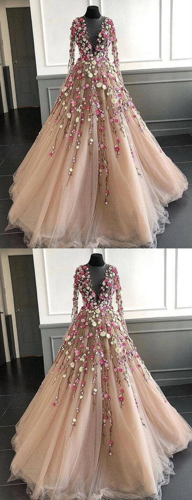 Blush Pink Tulle 3D Appliques Long Sleeve Prom Dresses,PD00337