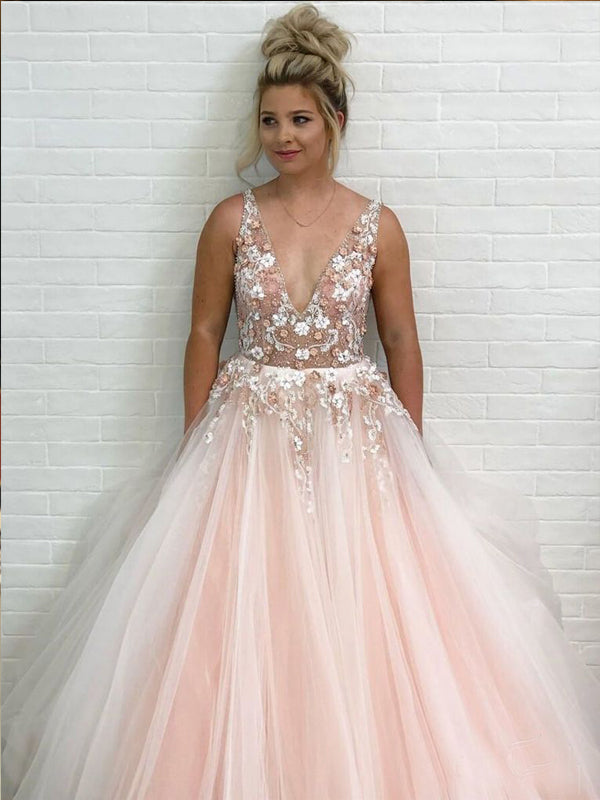 Blush Pink Tulle Applique V-neck Sleeveless Prom Dresses For Teens .PD – AlineBridal Blush Pink Tulle Applique V-neck Sleeveless Prom Dresses For Teens .PD – AlineBridal