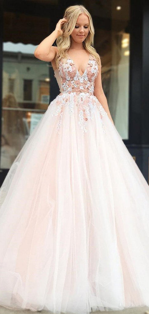 Blush Pink Tulle Applique V neck Sleeveless Prom Dresses For Teens .PD AlineBridal