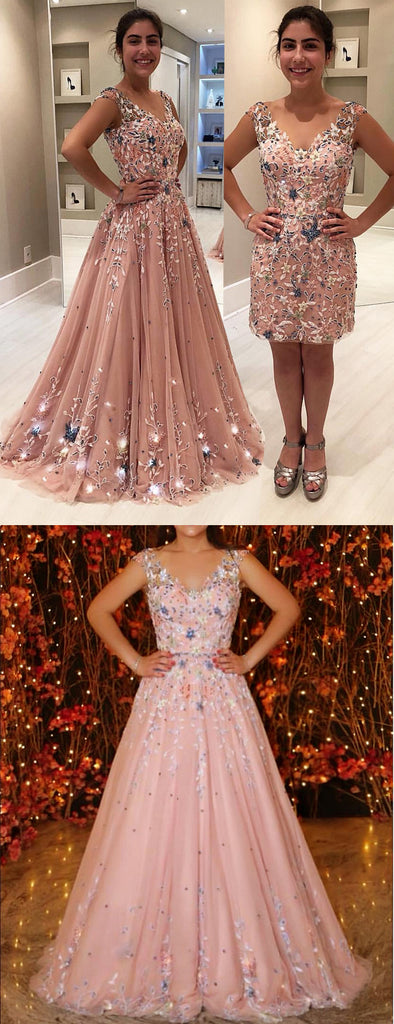 Blush Pink Tulle Beading Applique Two Piece Prom Dresses.PD00215