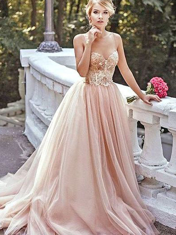 Blush Pink Tulle Beading Sweetheart Spaghetti Straps Prom Dresses ,PD0 β AlineBridal