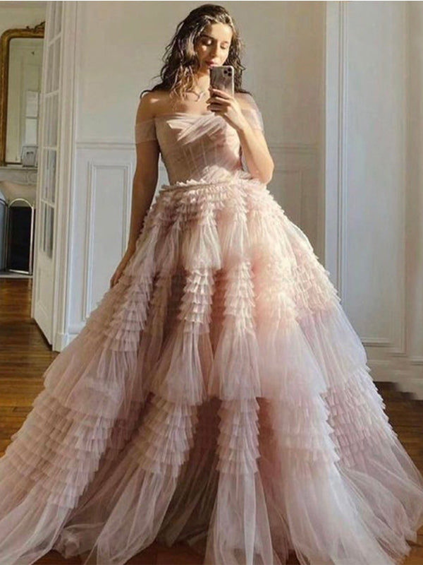 Blush Pink Off-shoulder A-line Ruffle Long Princess Prom Dress, PD3374 AlineBridal Blush Pink Off-shoulder A-line Ruffle Long Princess Prom Dress, PD3374 AlineBridal