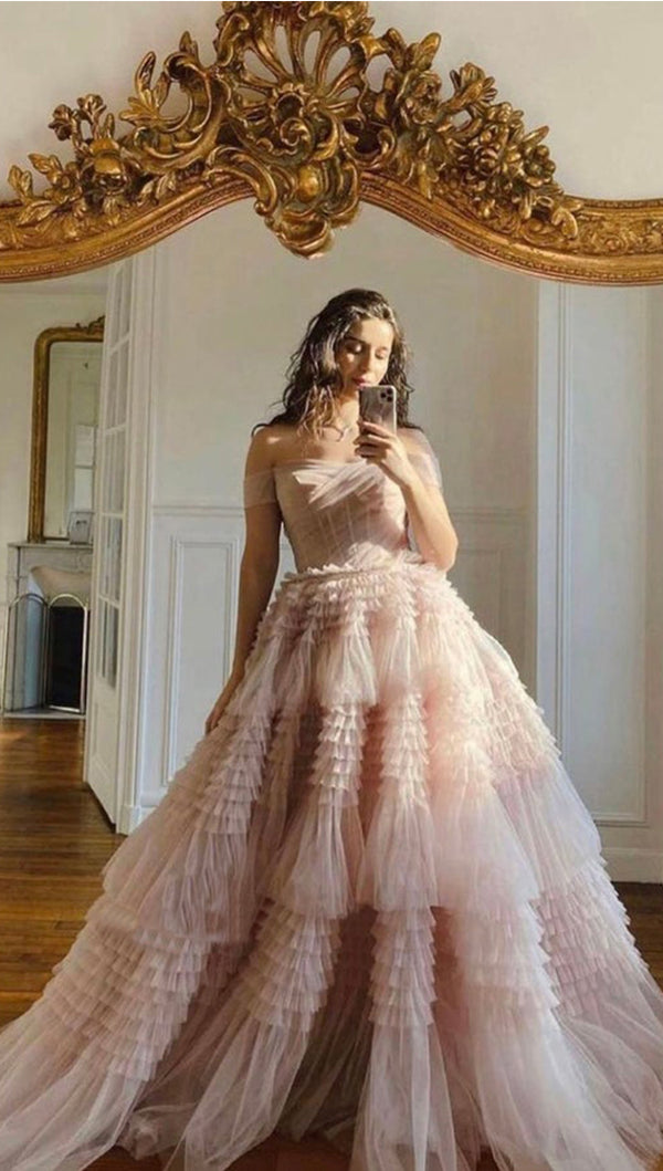 Blush Pink Off-shoulder A-line Ruffle Long Princess Prom Dress, PD3374 AlineBridal Blush Pink Off-shoulder A-line Ruffle Long Princess Prom Dress, PD3374 AlineBridal