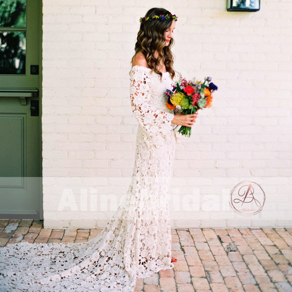 Bohemian Wedding Off Shoulder See Through Ivory Lace Long Sleeves Wedd – AlineBridal