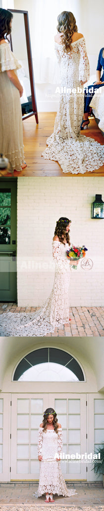 Bohemian Wedding Off Shoulder See Through Ivory Lace Long Sleeves Wedding Dresses, AB1157