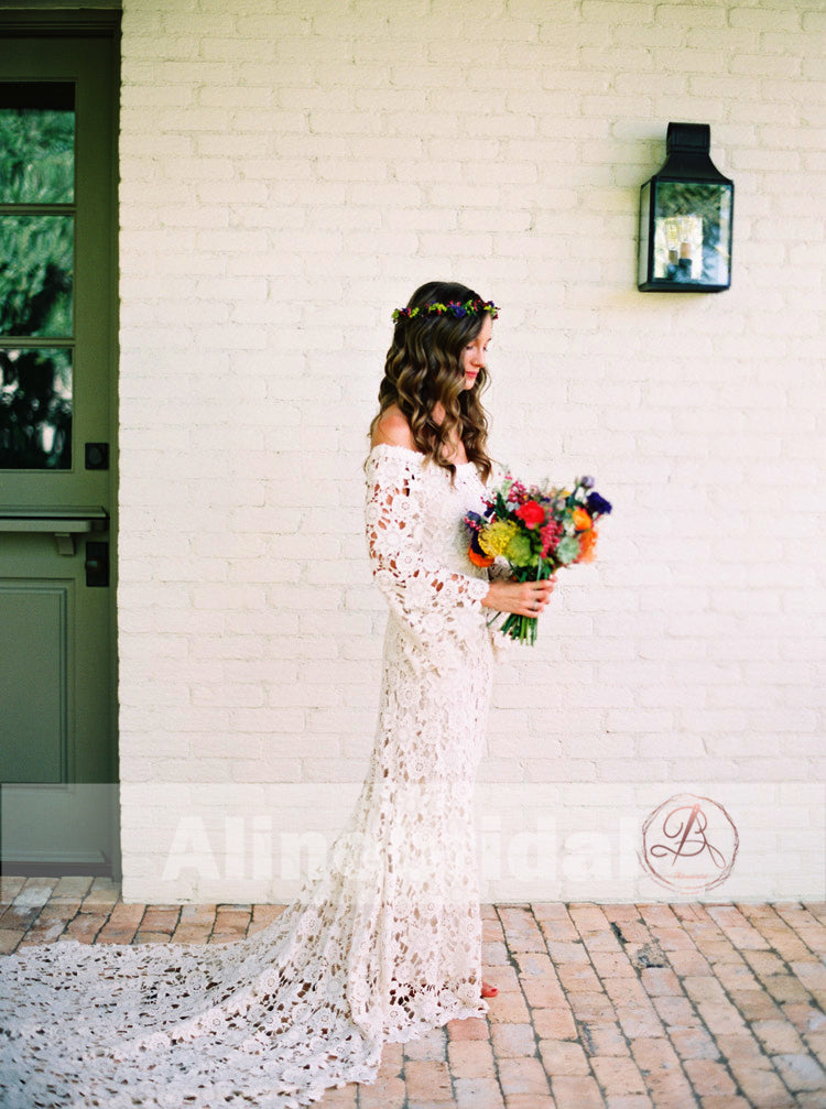 Bohemian Wedding Off Shoulder See Through Ivory Lace Long Sleeves Wedd AlineBridal Bohemian Wedding Off Shoulder See Through Ivory Lace Long Sleeves Wedd AlineBridal