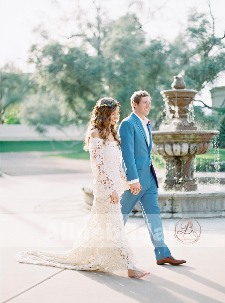 Bohemian Wedding Off Shoulder See Through Ivory Lace Long Sleeves Wedd AlineBridal Bohemian Wedding Off Shoulder See Through Ivory Lace Long Sleeves Wedd AlineBridal