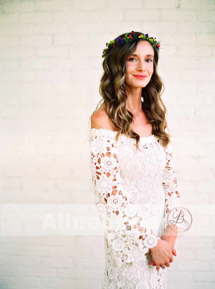 Bohemian Wedding Off Shoulder See Through Ivory Lace Long Sleeves Wedding Dresses, AB1157