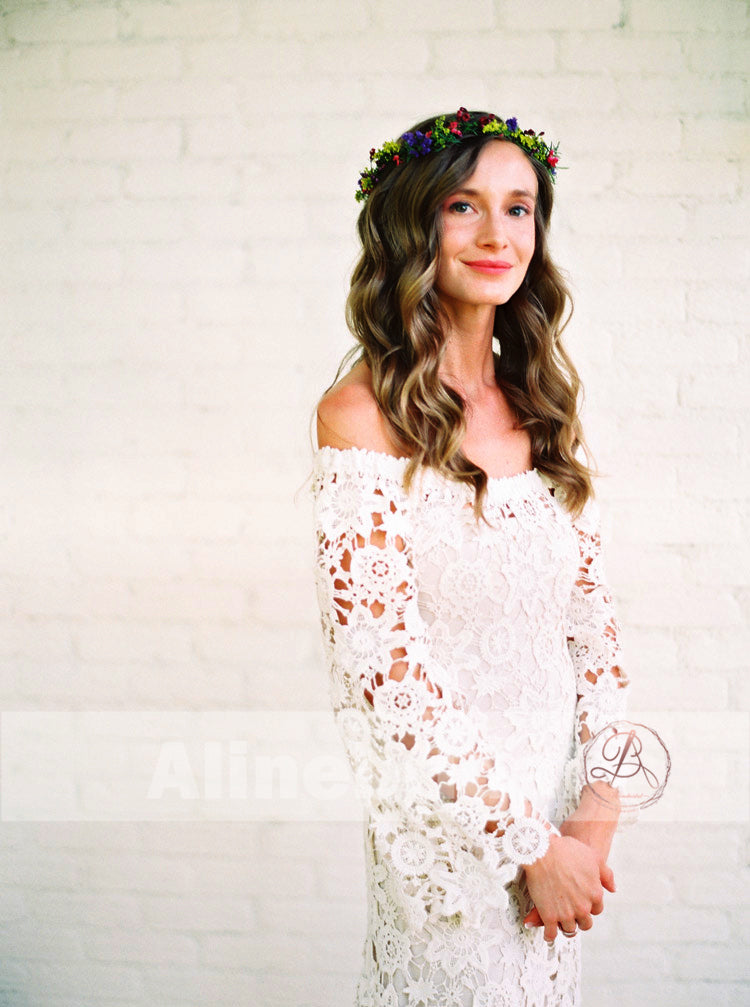 Bohemian Wedding Off Shoulder See Through Ivory Lace Long Sleeves Wedd AlineBridal Bohemian Wedding Off Shoulder See Through Ivory Lace Long Sleeves Wedd AlineBridal
