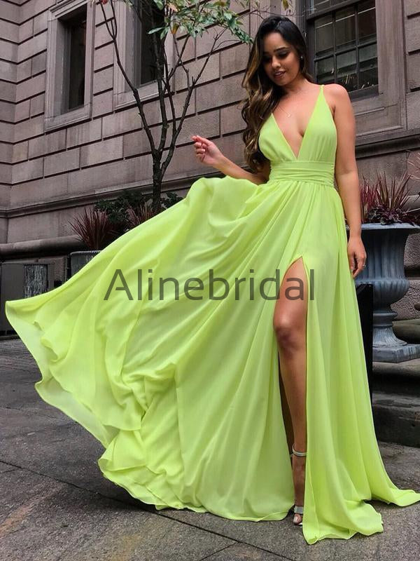 neon yellow bridesmaid dresses Bright Chiffon V-neck Slip A-line Summer Wedding Dre – AlineBridal Perfect for your role