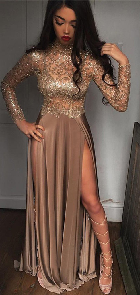 Brown Jersey Shiny Lace Long Sleeve High Neck Prom Dresses ,PD00301