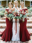 Burgundy Jersey Off Shoulder Mmermaid Long Bridesmaid Dresses, AB4028