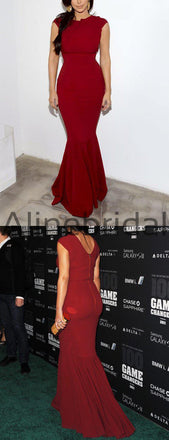 Burgundy Jersey Round Neckline Cap Sleeve Mermaid Bridesmaid Dresses, AB4130
