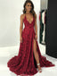 Burgundy Lace Halter Backless With Side Splits Prom Dresses. PD00262