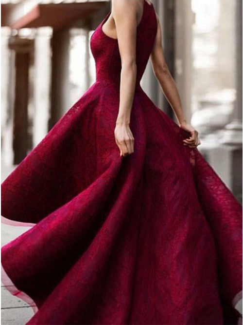 Burgundy Lace High Low Spaghetti Straps Charming A-line Prom Dresses ,PD0130