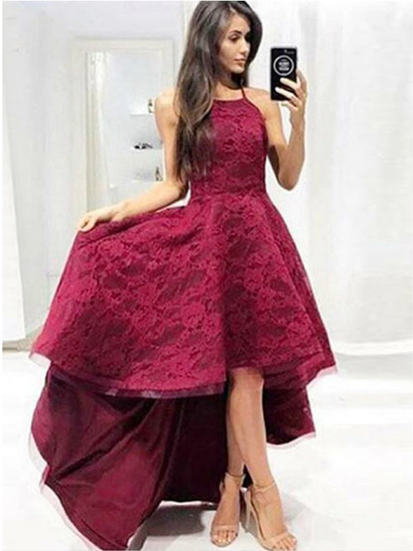 Burgundy Lace High Low Spaghetti Straps Charming A-line Prom Dresses , AlineBridal Burgundy Lace High Low Spaghetti Straps Charming A-line Prom Dresses , AlineBridal