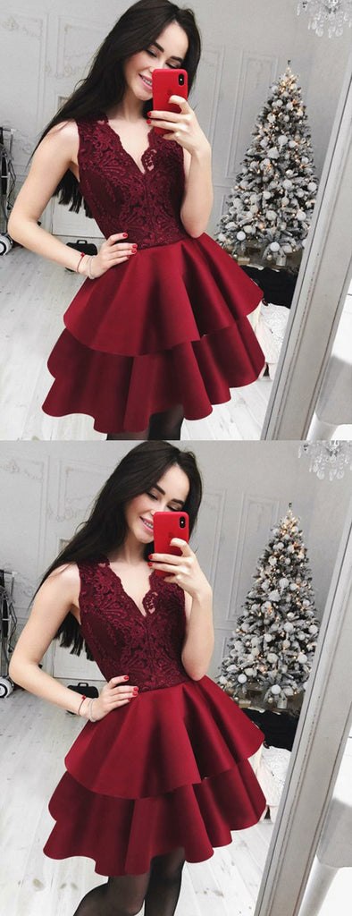 Burgundy Lace Satin Tiered Sleeveless V-neck Homecoming Dresses,HD0029