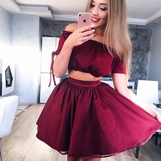 Burgundy Off Shoulder Two Piece Sweet Homecoming Dresses,BD00135 AlineBridal Burgundy Off Shoulder Two Piece Sweet Homecoming Dresses,BD00135 AlineBridal