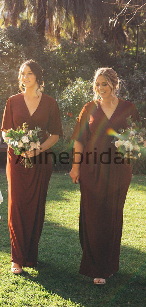Burgundy V-neck Half Sleeve Plus Size Bridesmaid Dresses, AB4106