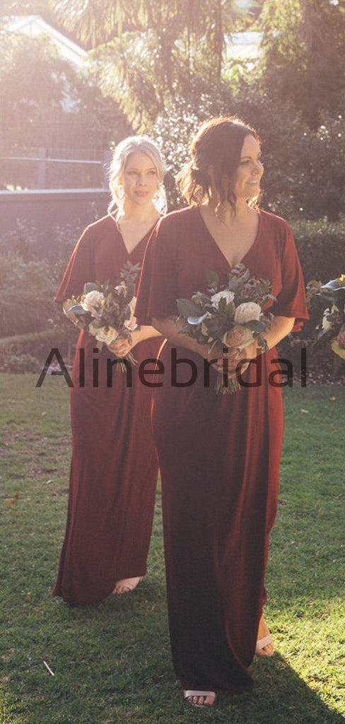 Burgundy V-neck Half Sleeve Plus Size Bridesmaid Dresses, AB4106