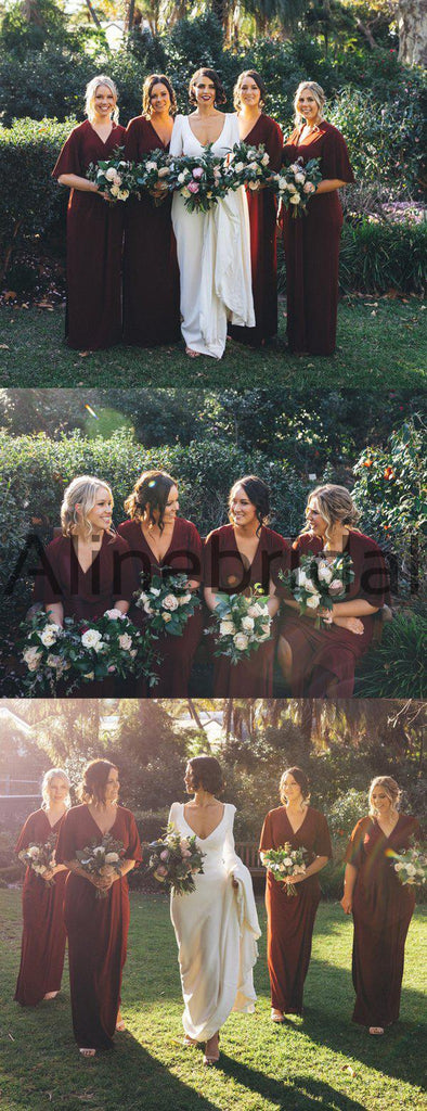 Burgundy V-neck Half Sleeve Plus Size Bridesmaid Dresses, AB4106