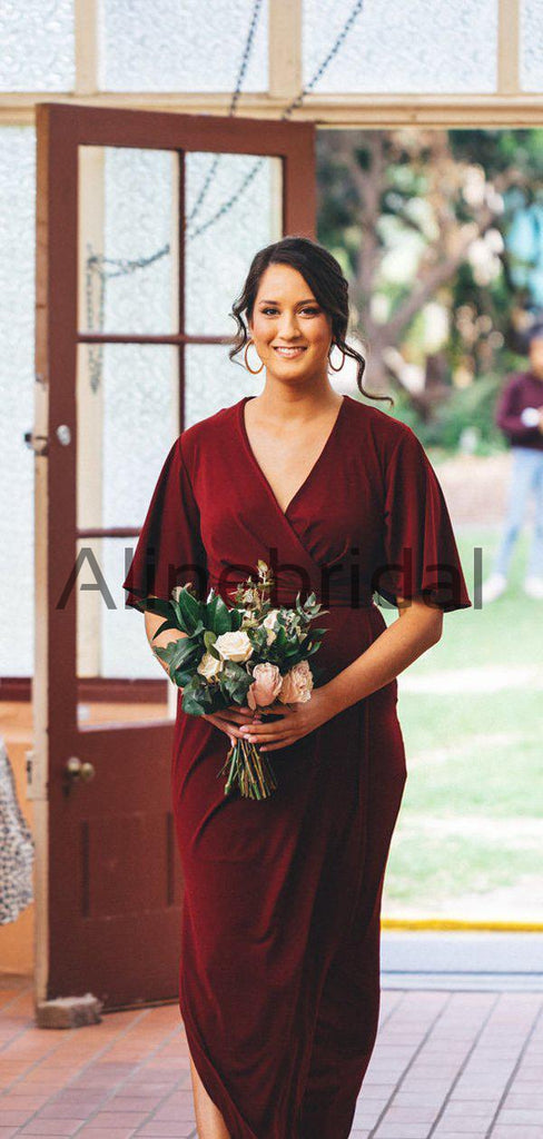 Burgundy V-neck Half Sleeve Plus Size Bridesmaid Dresses, AB4106